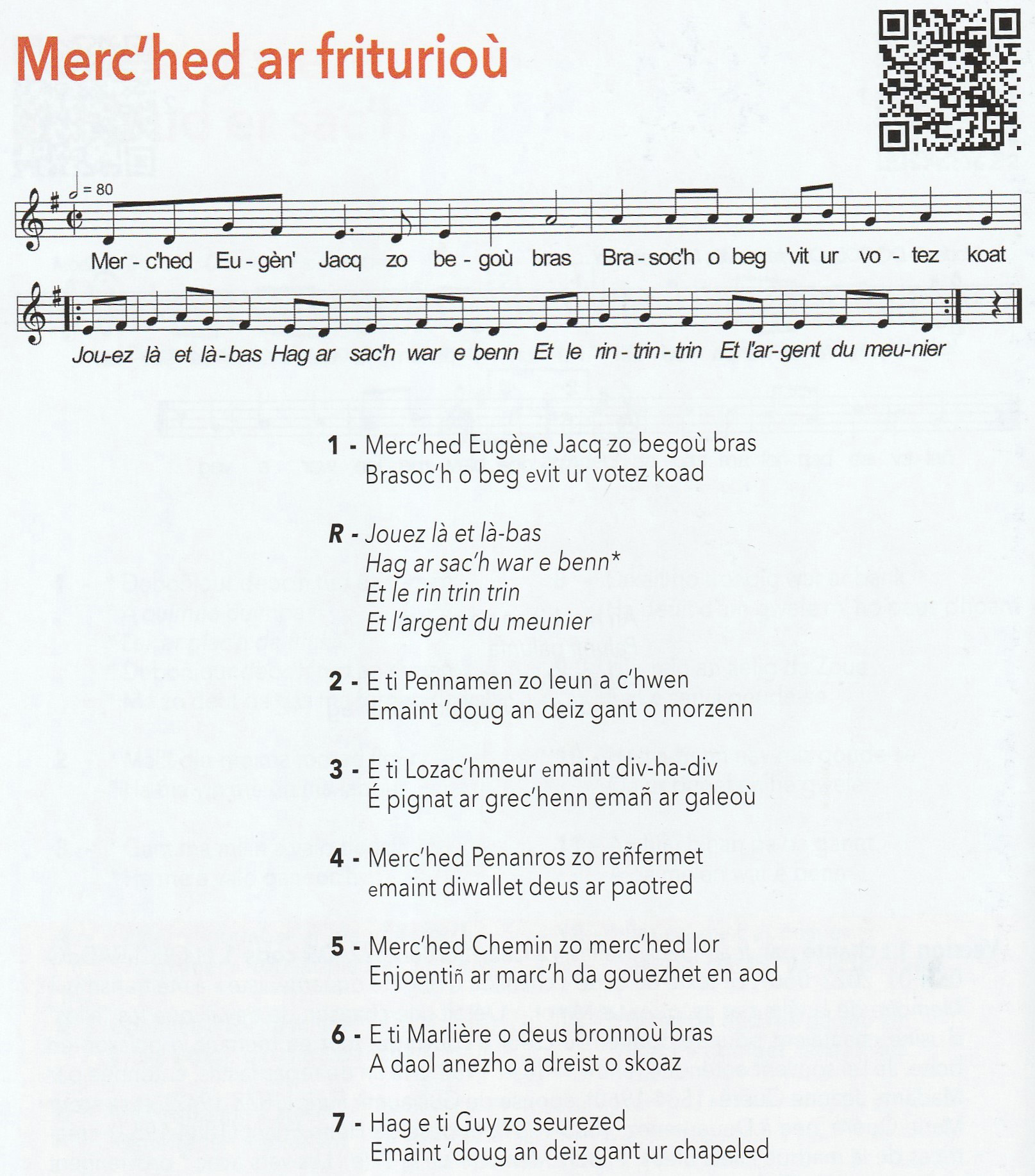 « Merc’hed ar friturioù » (« les filles des fritures ») chant en breton sur les ouvrières des conserveries, Extrait du recueil Douarnenez en chansons, coéd. Emglev Bro Douarnenez /OPCI, 2022.